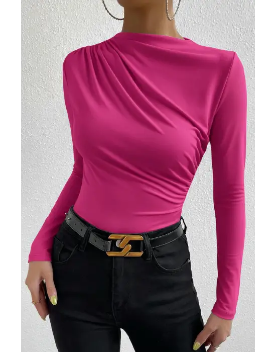 Kadın Fuşya Belden ve Boyundan Büzgü Detaylı Uzun Kollu Bluz