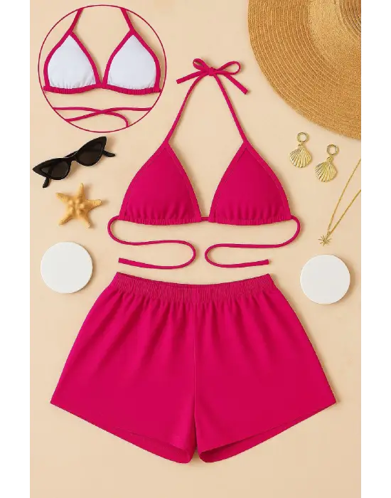 Omarı Fuşya Bağlamalı Bikini Takımı