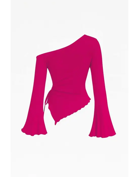 Kadın Fuşya Uzun İspanyol Kollu Asimetirik Yaka Yandan Bağlamalı Drapeli Bluz