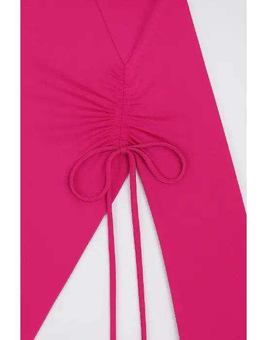 Kadın Fuşya Uzun İspanyol Kollu Asimetirik Yaka Yandan Bağlamalı Drapeli Bluz