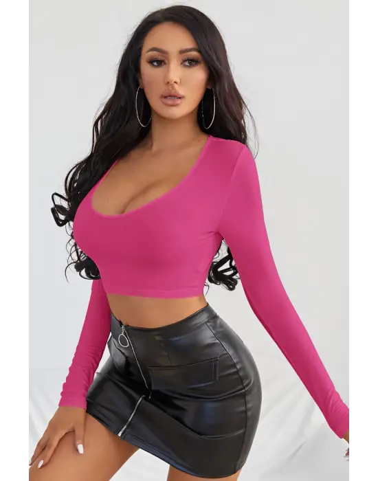 Omarı Fuşya Kare Yaka Uzun Kol Crop Top Bluz