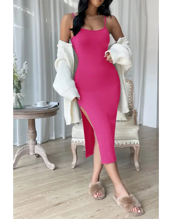 Omarı Fuşya Yırtmaçlı Kadın Diz Altı Gecelik