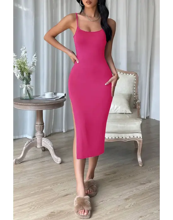 Omarı Fuşya Yırtmaçlı Kadın Diz Altı Gecelik