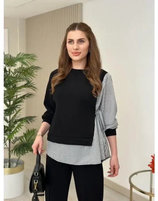 Kadın Gömlek Detay çizgili Yandan Bağlamalı Ikili Takım