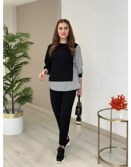 Kadın Gömlek Detay çizgili Yandan Bağlamalı Ikili Takım