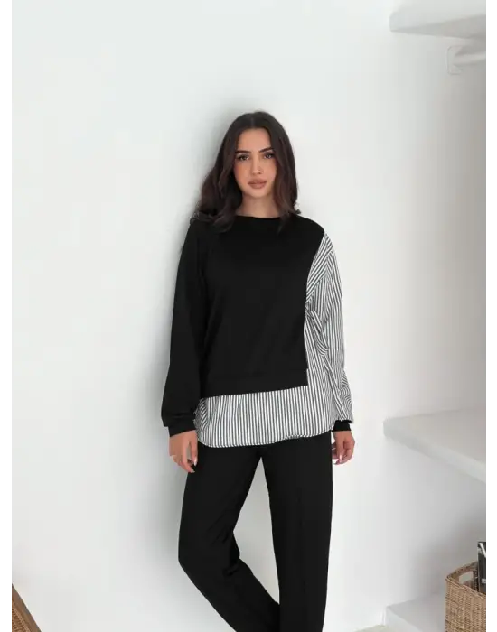 Kadın Gömlek Detay çizgili Yandan Bağlamalı Ikili Takım