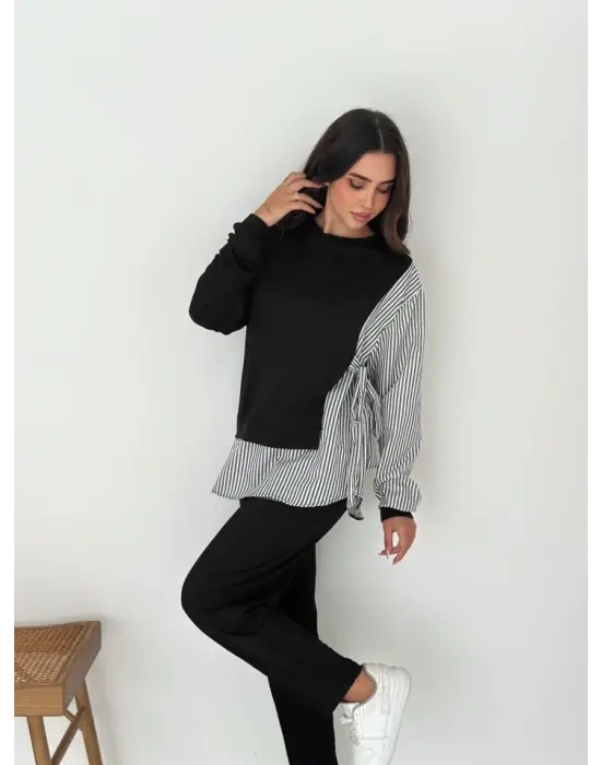 Kadın Gömlek Detay çizgili Yandan Bağlamalı Ikili Takım