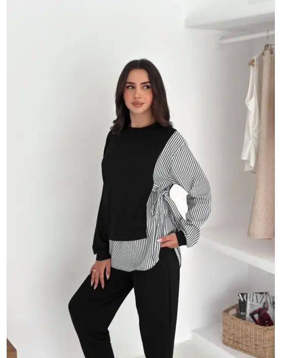 Kadın Gömlek Detay çizgili Yandan Bağlamalı Ikili Takım