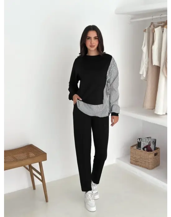 Kadın Gömlek Detay çizgili Yandan Bağlamalı Ikili Takım