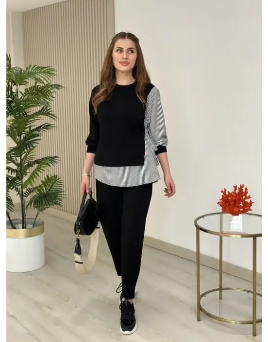 Kadın Gömlek Detay çizgili Yandan Bağlamalı Ikili Takım