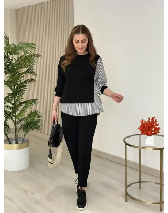 Kadın Gömlek Detay çizgili Yandan Bağlamalı Ikili Takım