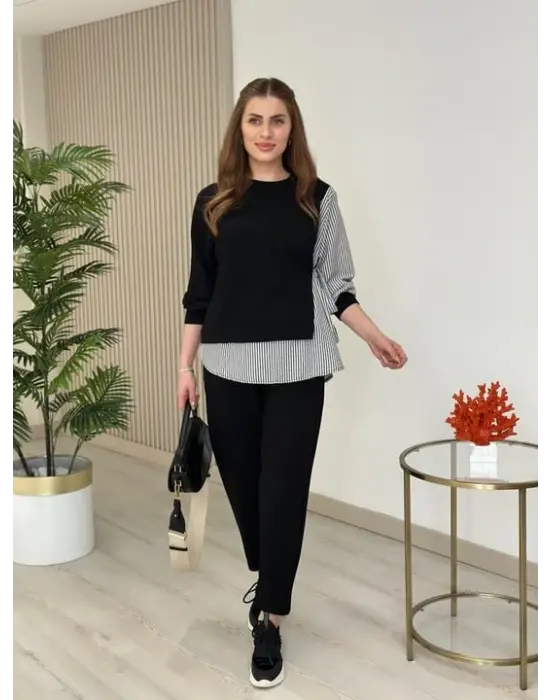 Kadın Gömlek Detay çizgili Yandan Bağlamalı Ikili Takım