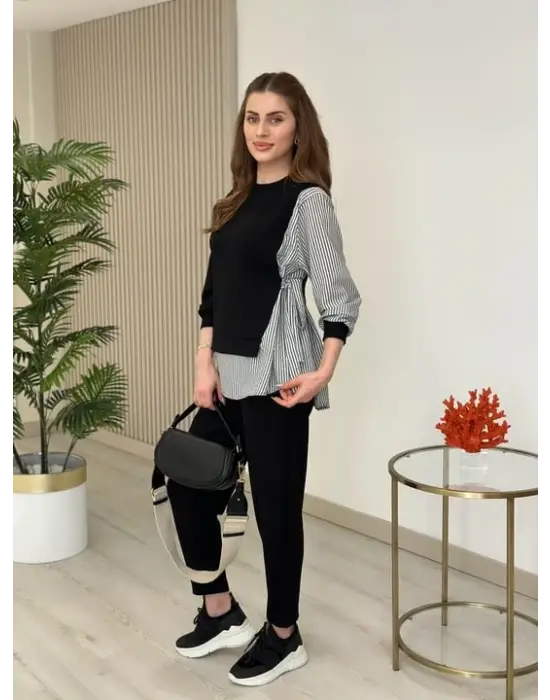 Kadın Gömlek Detay çizgili Yandan Bağlamalı Ikili Takım