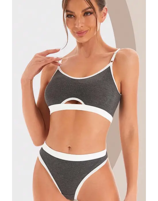 Omarı Çekici Kadın Antrasit Kaşkorse ve Cut-Out Tanga Takım