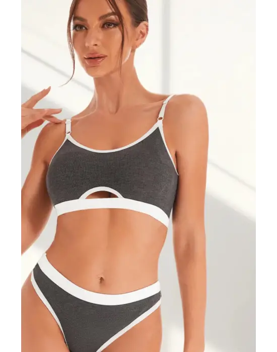 Omarı Çekici Kadın Antrasit Kaşkorse ve Cut-Out Tanga Takım