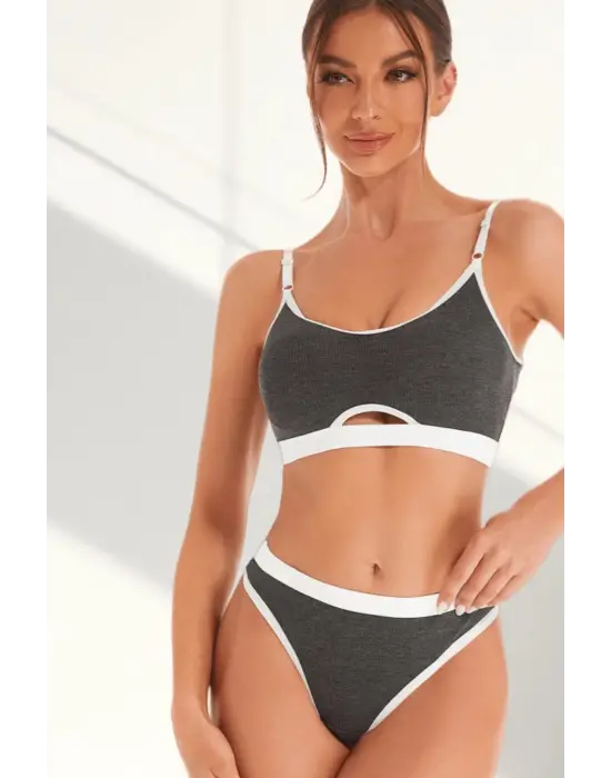 Omarı Çekici Kadın Antrasit Kaşkorse ve Cut-Out Tanga Takım