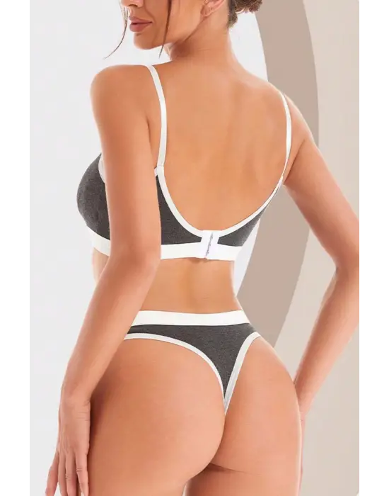 Omarı Çekici Kadın Antrasit Kaşkorse ve Cut-Out Tanga Takım