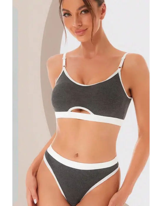 Omarı Çekici Kadın Antrasit Kaşkorse ve Cut-Out Tanga Takım