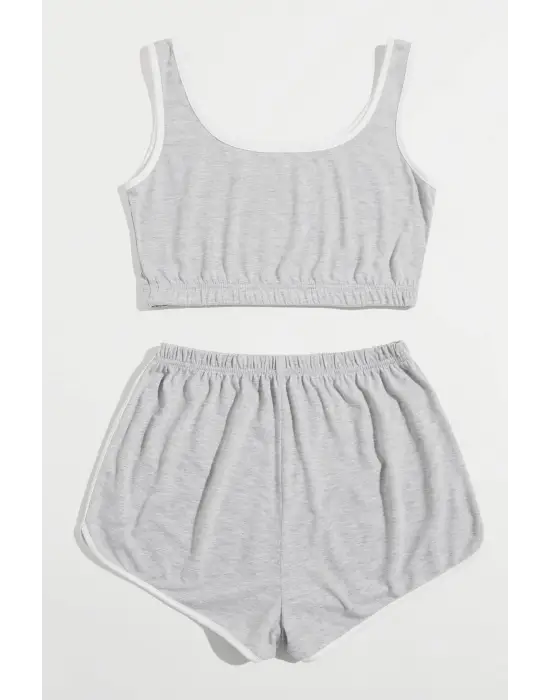 Omarı Ferah Gri Askılı Gecelik Takım