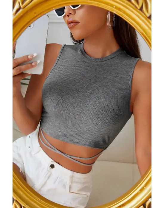 Omarı Gri Çapraz Bağlamalı Crop Top Büstiyer