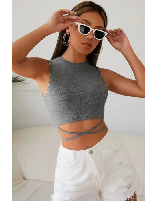 Omarı Gri Çapraz Bağlamalı Crop Top Büstiyer