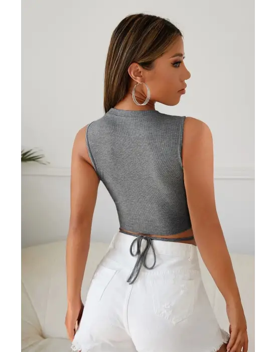 Omarı Gri Çapraz Bağlamalı Crop Top Büstiyer