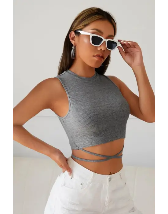 Omarı Gri Çapraz Bağlamalı Crop Top Büstiyer