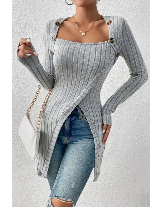 Kadın Gri Düğme Detaylı Kare Yaka Fitilli Asimetrik Etekli Uzun Kollu Bluz