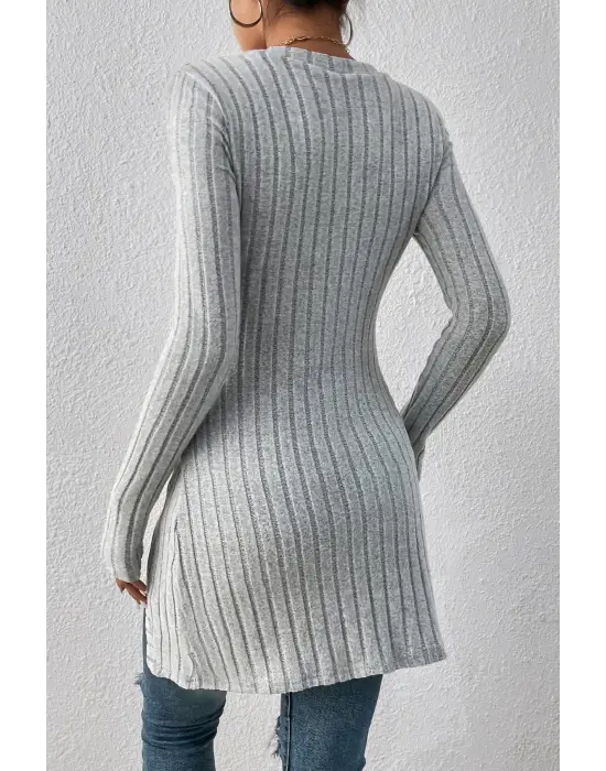 Kadın Gri Düğme Detaylı Kare Yaka Fitilli Asimetrik Etekli Uzun Kollu Bluz