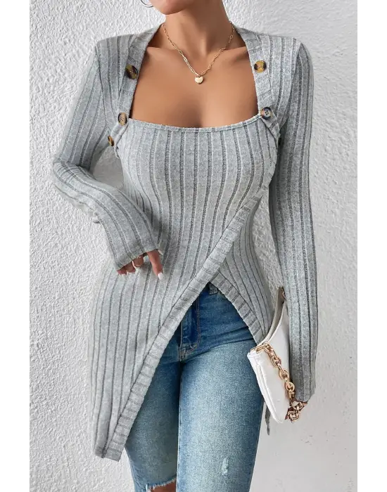 Kadın Gri Düğme Detaylı Kare Yaka Fitilli Asimetrik Etekli Uzun Kollu Bluz