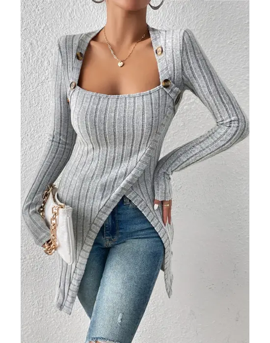 Kadın Gri Düğme Detaylı Kare Yaka Fitilli Asimetrik Etekli Uzun Kollu Bluz