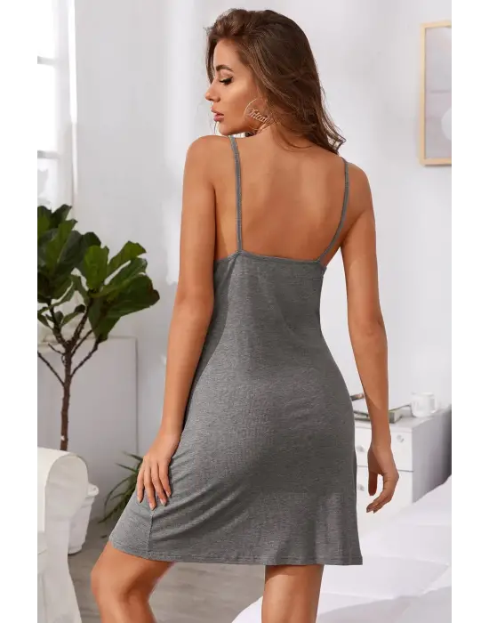 Omarı Gri Askılı Penye Gecelik