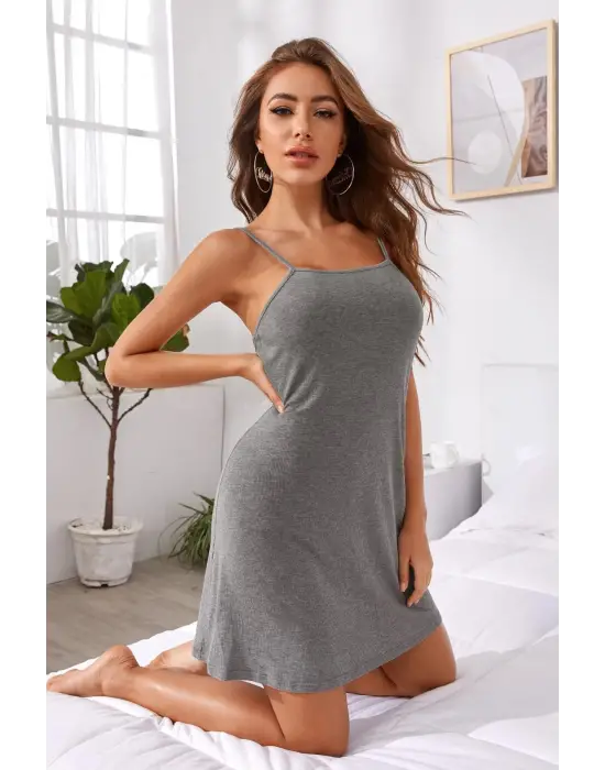 Omarı Gri Askılı Penye Gecelik