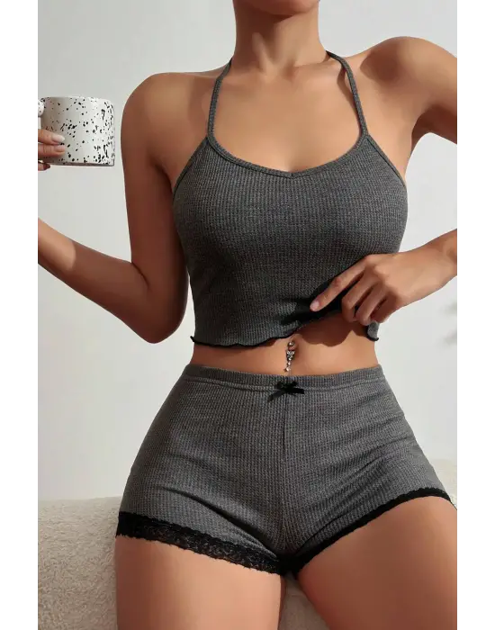 Omarı Dantelli Gri Kaşkorse Şortlu Gecelik Takım