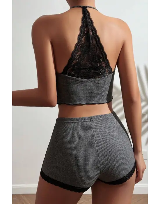 Omarı Dantelli Gri Kaşkorse Şortlu Gecelik Takım