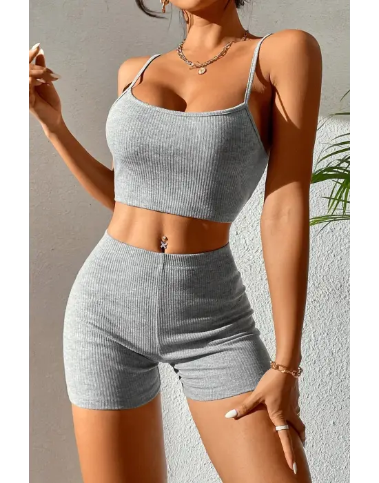 Kadın Gri Melanj Şortlu Kaşkorse Gecelik Takım