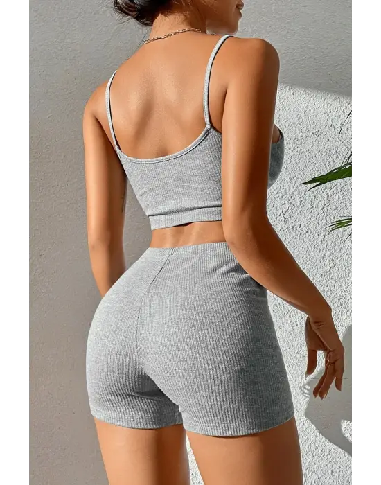 Kadın Gri Melanj Şortlu Kaşkorse Gecelik Takım