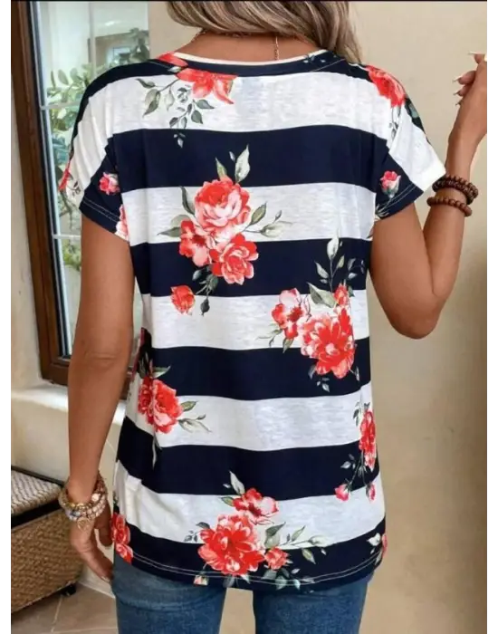 Kadın Gül Desenli çizgili Süprem Tshirt