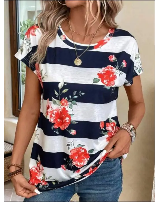 Kadın Gül Desenli çizgili Süprem Tshirt