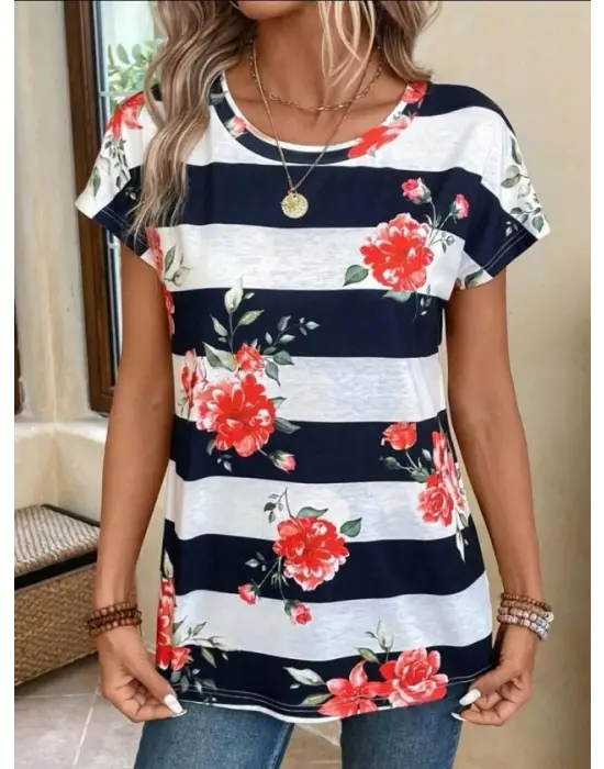 Kadın Gül Desenli çizgili Süprem Tshirt