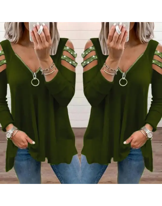 Kadın Haki Kolları Taş Işlemeli Uzun Kol Fermuarlı Viskon Bluz