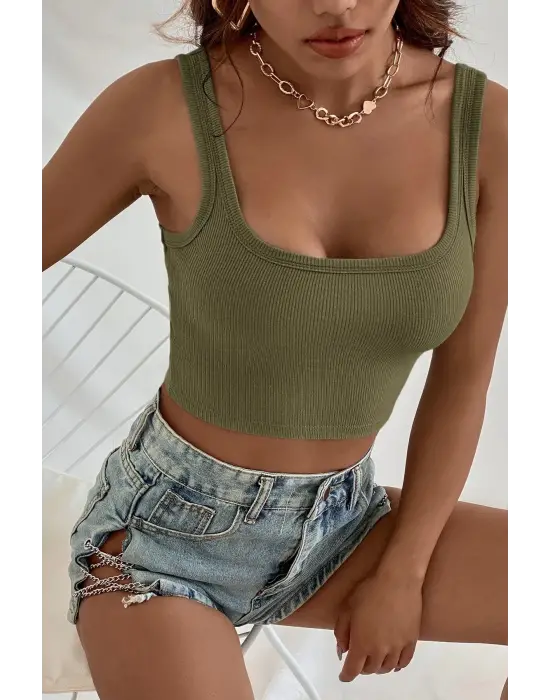 Omarı Kalın Askılı Haki Yeşil Crop Top