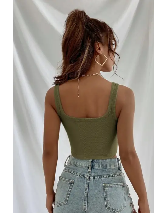Omarı Kalın Askılı Haki Yeşil Crop Top