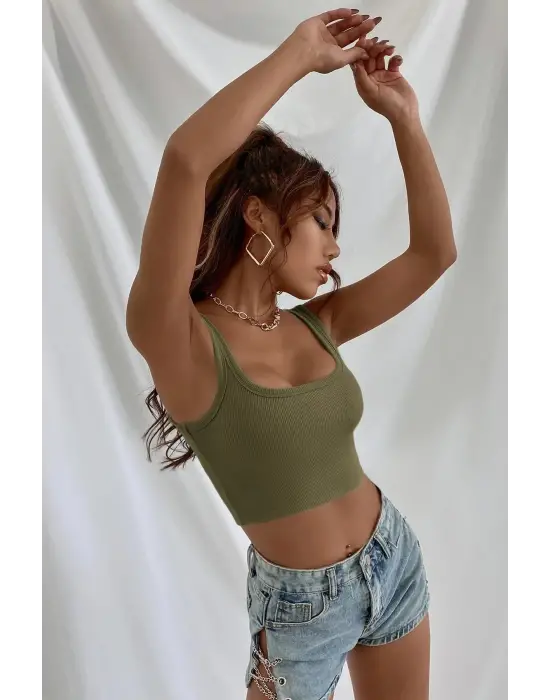 Omarı Kalın Askılı Haki Yeşil Crop Top