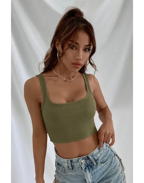 Omarı Kalın Askılı Haki Yeşil Crop Top