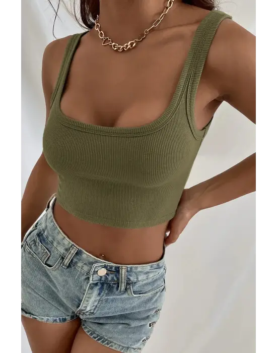 Omarı Kalın Askılı Haki Yeşil Crop Top