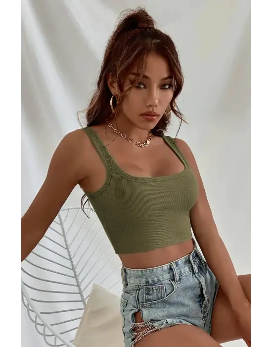 Omarı Kalın Askılı Haki Yeşil Crop Top