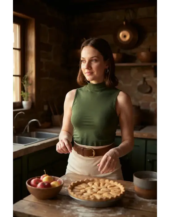 Kadın Haki Yeşili Kolsuz Balıkçı Yaka Basic Bluz