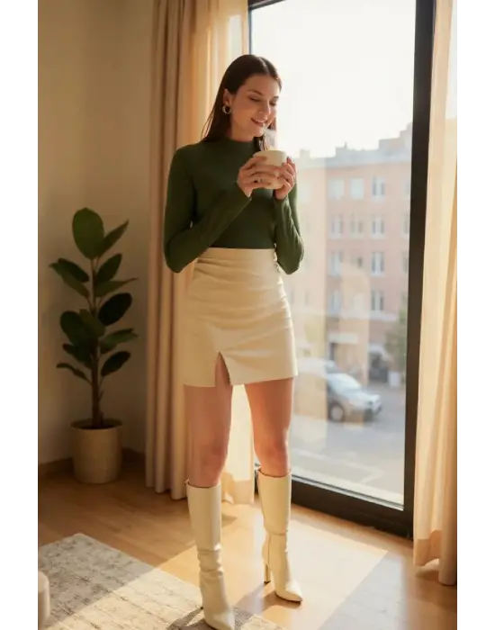 Kadın Haki Yeşili Parmak Detaylı Esnek Uzun Kollu Body