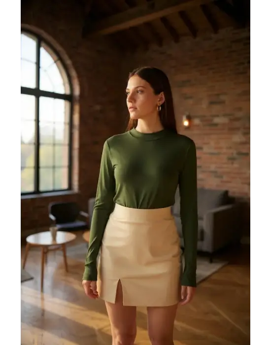 Kadın Haki Yeşili Parmak Detaylı Esnek Uzun Kollu Body
